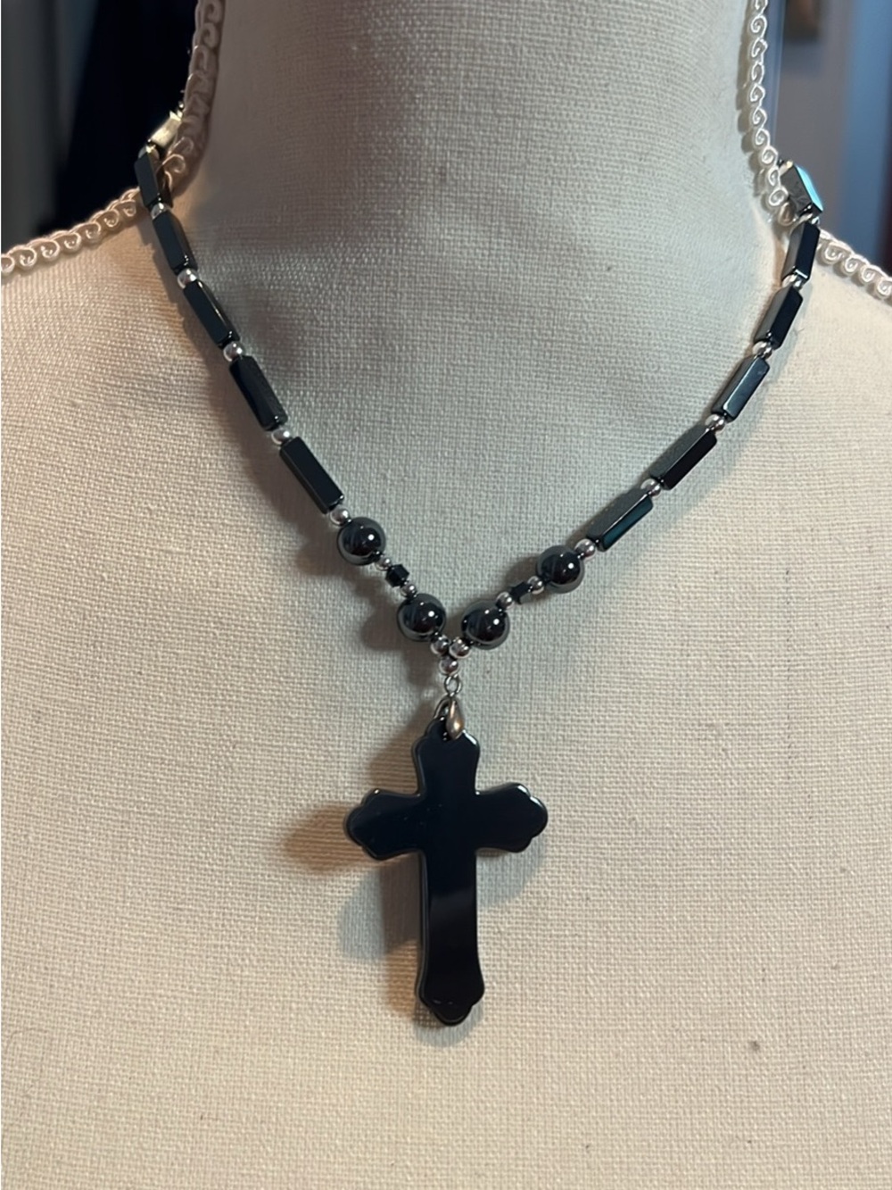 Black Cross Pendant Necklace - Women's Hematite Bead Choker